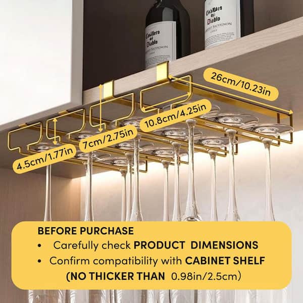 Wudkey 2-Pack Under Cabinet Iron Wine Glass Holder, Hanging Storage Rack Organizer for Kitchen, Gold