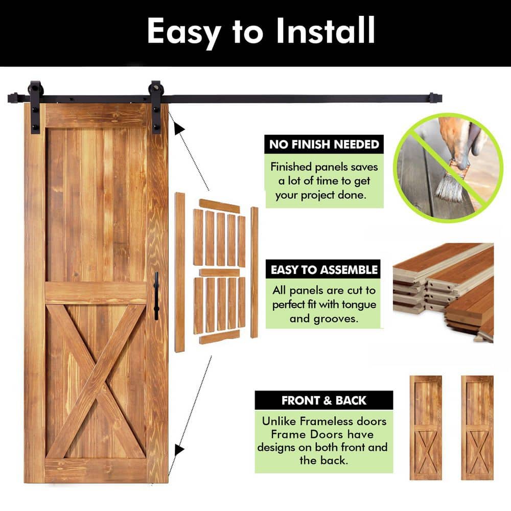 96-inch Brown Pine X-Panel Barn Door with Black Hardware