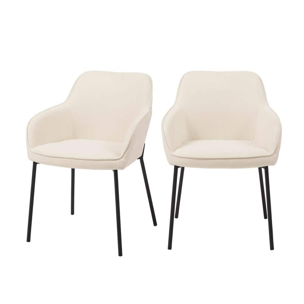 Cream Upholstered Arm Chairs with Black Metal Legs, Set of 2