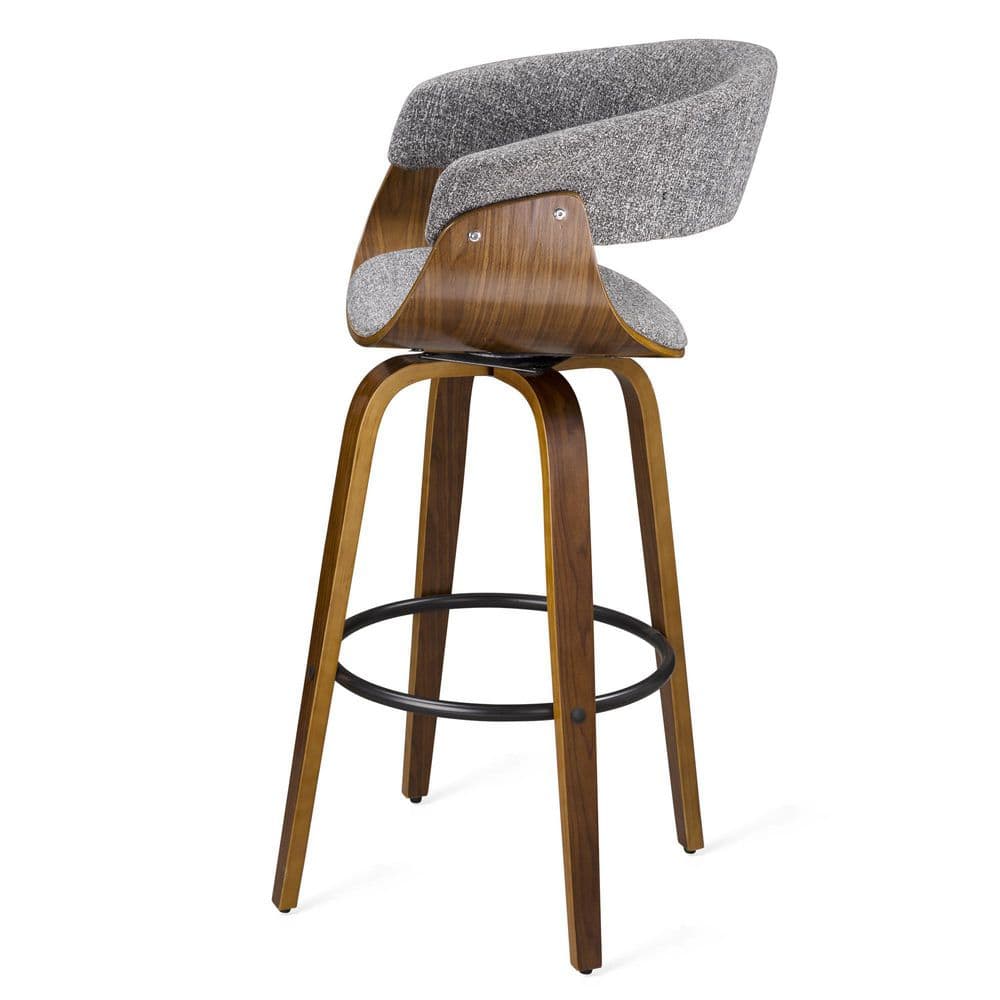 Gray Upholstered Walnut Wood Swivel Bar Stools with Metal Footrest, Set of 4