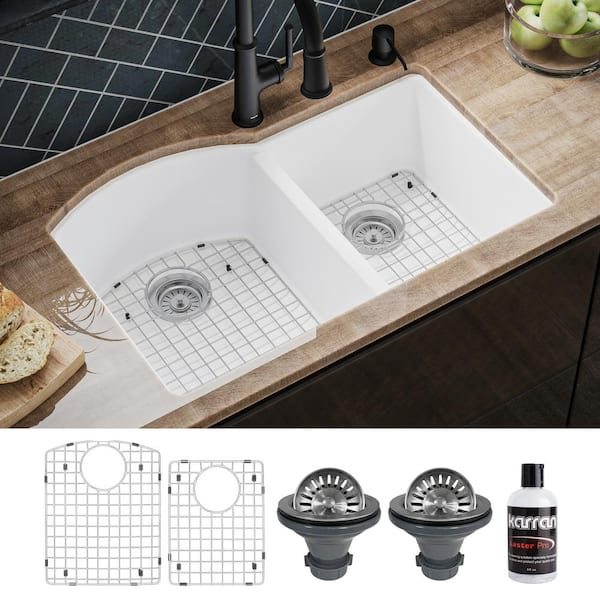 Karran QU-610 Quartz/Granite 32 in. Double Bowl 60/40 Undermount Kitchen Sink in White with Bottom Grid and Strainer