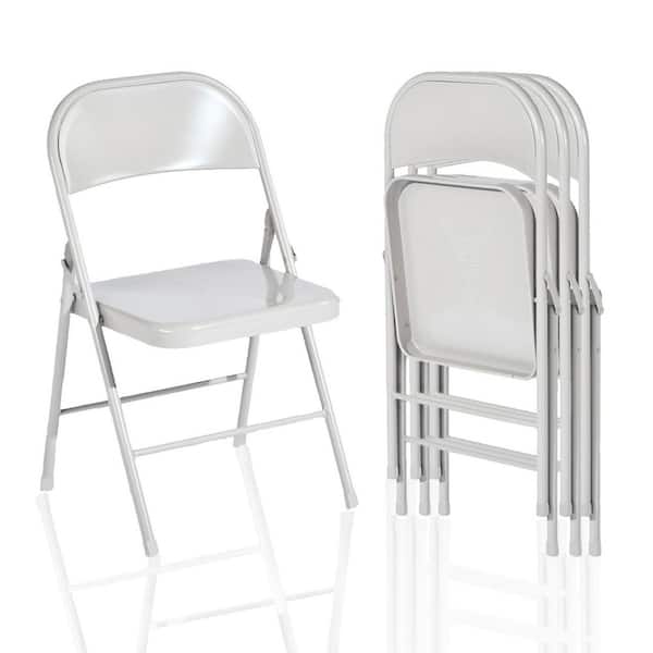 FRICF EG 4-Pack Metal Grey Folding Accent Chairs, Modern Ergonomic Leisure Chairs with Eiffel Tower Design (Set of 4)