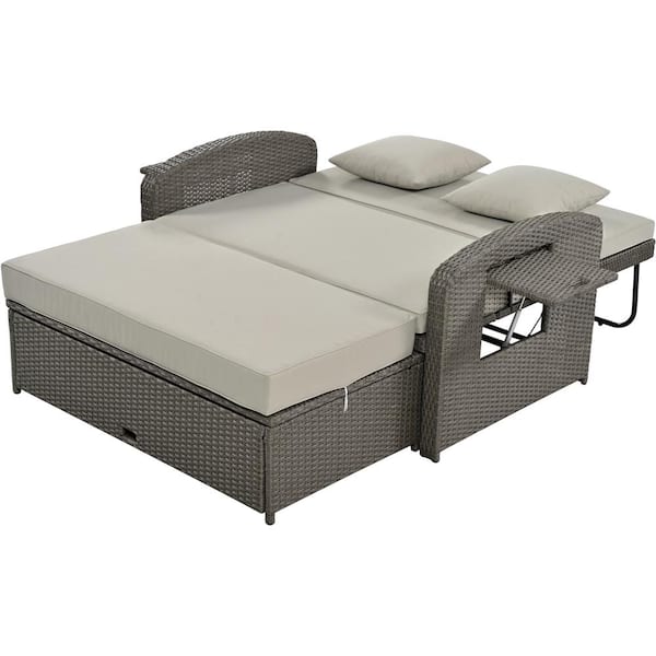 Runesay Wicker Outdoor Chaise Lounge with Gray Cushions 2-Person Reclining Daybed Adjustable Back Free Protection Cover