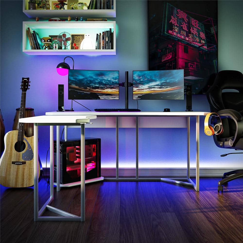 White and Silver L-Shaped Gaming Desk with CPU Stand