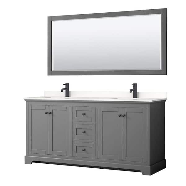 Wyndham Collection Avery 72 in. W x 22 in. D x 35 in. H Double Bath Vanity in Dark Gray with White Quartz Top and 70 in. Mirror