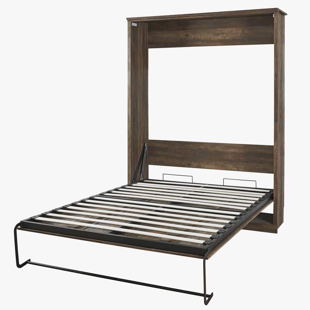Brown Pine Wood Frame Queen Murphy Bed with Storage
