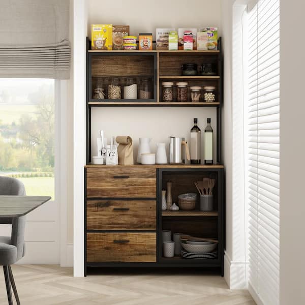 Living Skog Scandi 71 in. Dark Cherry Tall Pantry Kitchen Storage Cabinet Buffet with Hutch for Microwave with Drawers, Brown