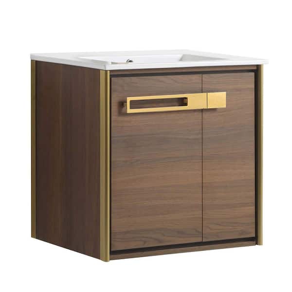 FINE FIXTURES Oakville 24 in. W x 18 in. D x 23.25 in. H Wall Mounted Bathroom Vanity in Brown with White Ceramic Sink Top