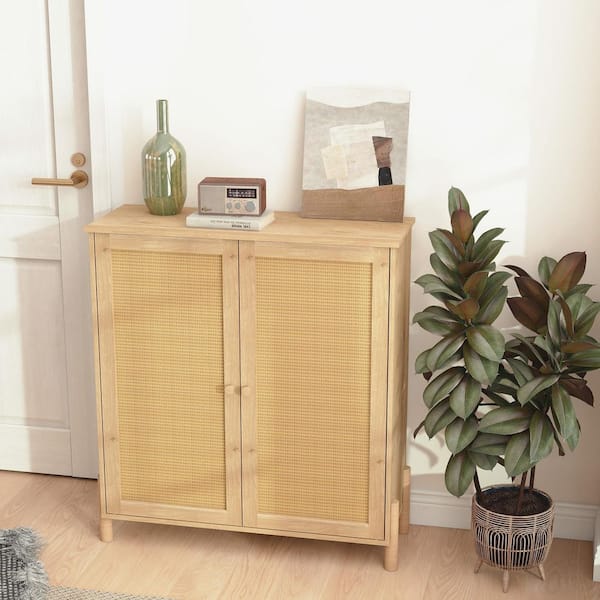 Cansu Natural 34.6 in. H Storage Cabinet with 2 Woven Rattan Doors and Adjustable Shelves