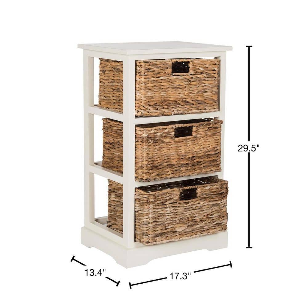 Distressed White Pine Wood 3-Drawer Side Table with Wicker Baskets