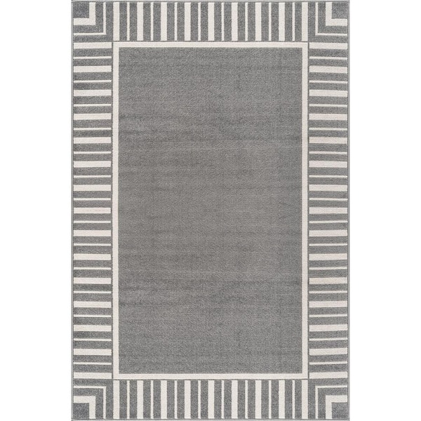 Edge Gray 9 ft. x 12 ft. Rubber Back Washable Geometric Border Indoor Outdoor Patio Area Rug