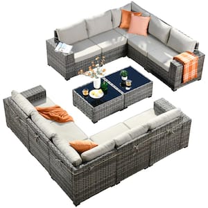 Crater Gray 12-Piece Wicker Outdoor Wide-Plus Arm Patio Conversation Sofa Seating Set with Beige Cushions