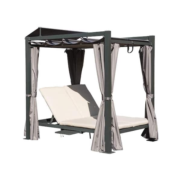 Sudzendf Aluminum Outdoor Day Bed with Retractable Canopy Gray Curtain with Beige Cushion and Cup Holder for Pool Garden Backyard