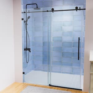 56-60 in. W x 74 in. H Roller Sliding Frameless Shower Door in Matte Black Finish with Clear Glass Vertical Handles