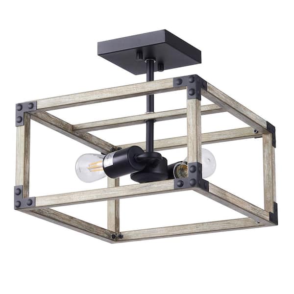 Merra 12 in. 2-Light Wood Rustic Industrial Semi-Flush Mount
