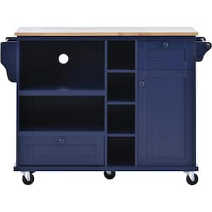 Oasis Dark Blue Wood 50.8 in. Kitchen Island with Storage Cabinet and 2 Locking Wheels, Solid Wood Desktop