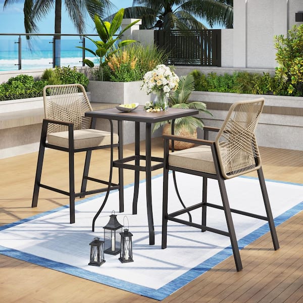 Black 3-Piece Metal Patio Bar Height Outdoor Dining Set with Square Table and Woven Rope Bar Stools with Beige Cushions