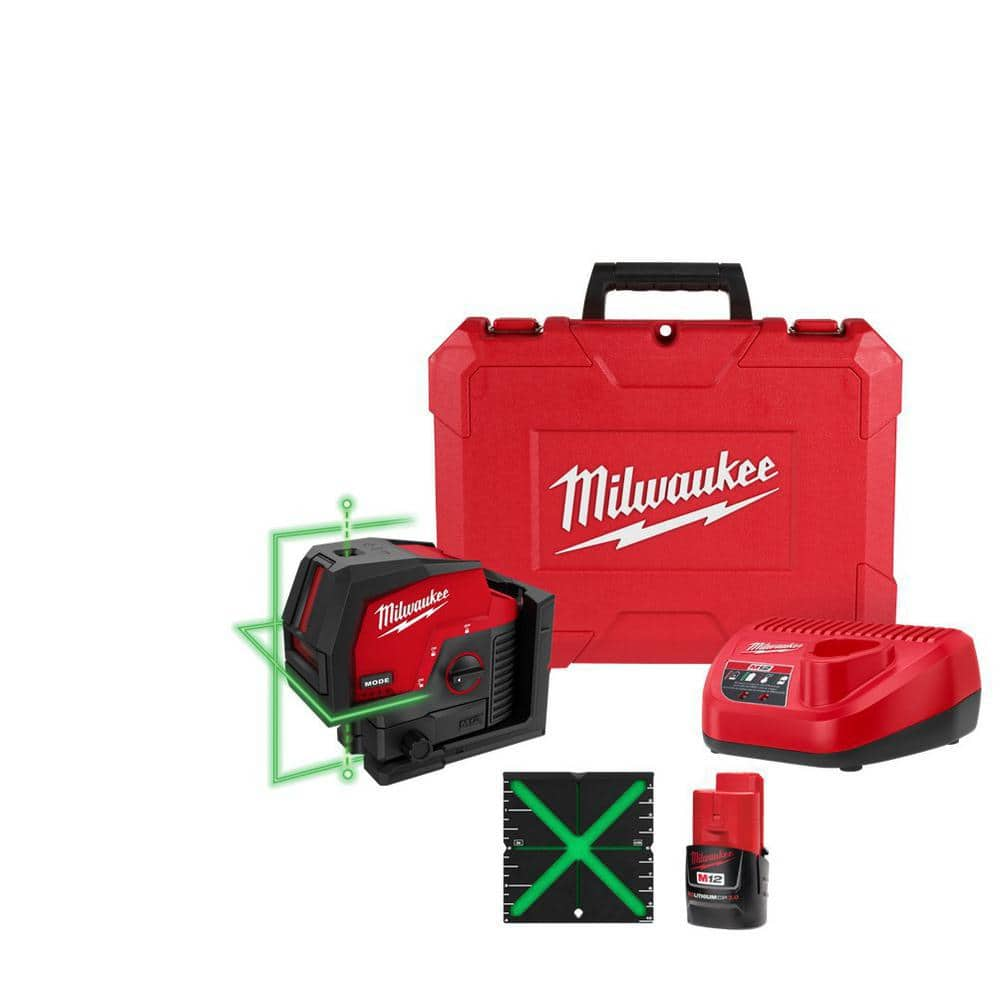 Milwaukee M12 12 Volt Lithium Ion Cordless Green 125 ft. Cross Line and Plumb Points Laser Level Kit with 3.0 Ah Battery 3622 21 The Home Depot