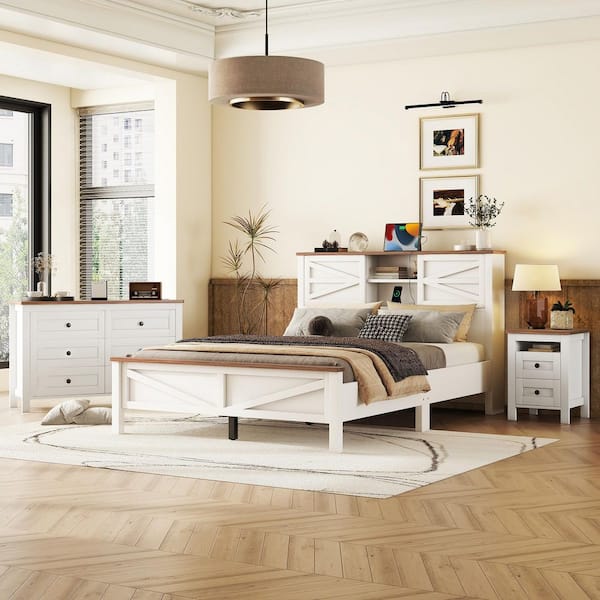 3-Piece Wood Bedroom Set Full Size Platform Bed with Modern Nightstand and 6-Drawer Storage Dresser (White/Gray)