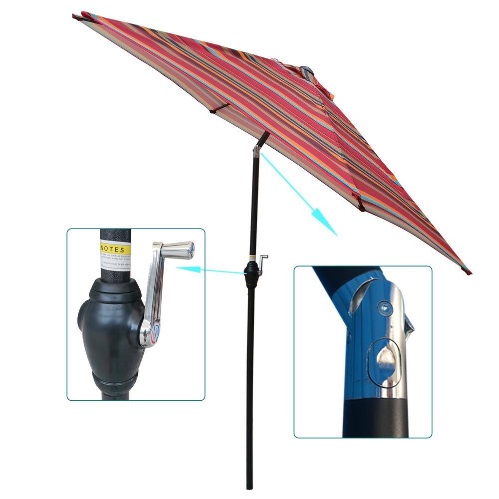 9ft Red Striped Metal Market Patio Umbrella with Crank Lift