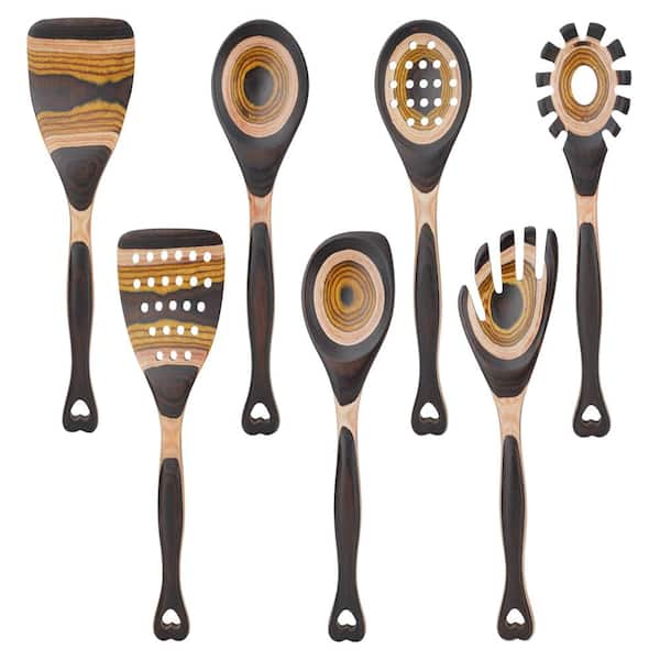Tuscan Brown Heat Resistant Wooden Spoons and Cooking Tools Pakkawood Kitchen Utensil Set 7-Piece