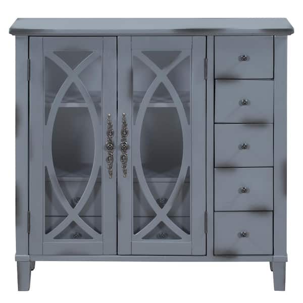 VERYKE Antique Gray Accent Storage Cabinet Wooden Cabinet Sideboard with Adjustable Shelf 7-Drawers and 2-Doors