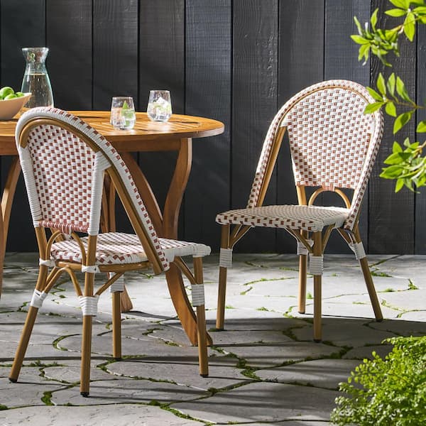 Zeus & Ruta Brown and White PE Rattan Wicker Outdoor Bar Stool, Set of 2