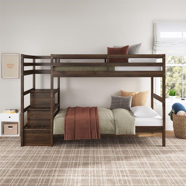 Little Seeds Zaire Wood Bunk Bed with Stairs and Shelves, Mocha