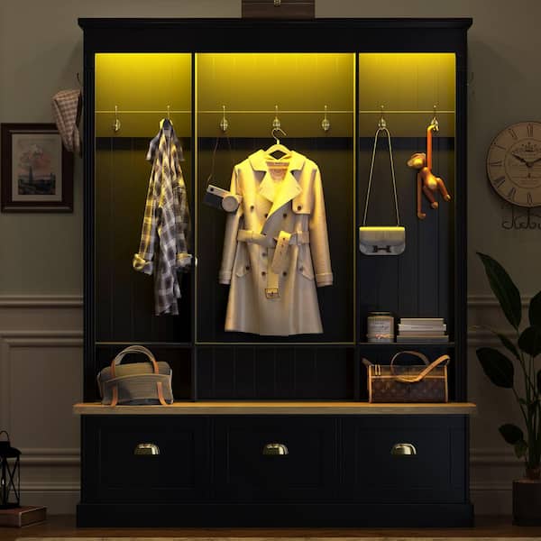 Black MDF Hall Tree Coat Rack with LED Lights, 9-Hooks, 3-Cabinets and Storage Bench