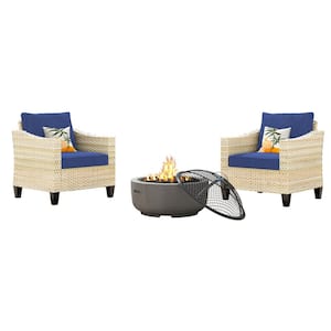 Oconee Beige 3-Piece Wood Fire Pit Seating Set with Navy Blue and Cushions Outdoor Patio Lounge Chair a Burning