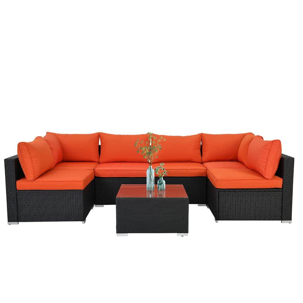 Zeus & Ruta Black 7Piece Wicker Outdoor Sectional Set with Orange Cushion and Glass Coffee