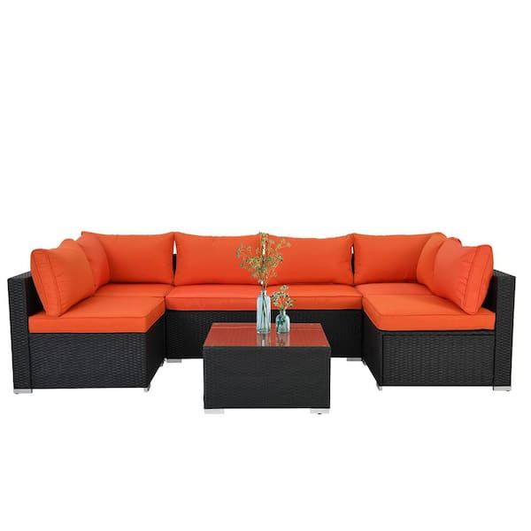 Zeus & Ruta Black 7-Piece Wicker Outdoor Sectional Set with Orange Cushion and Glass Coffee Table