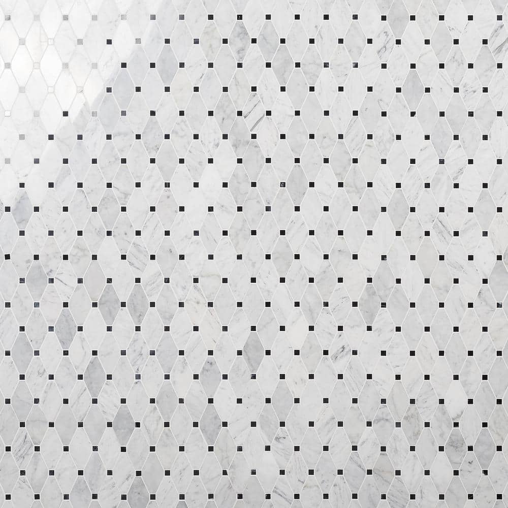 White Carrera Marble Octagon and Dot Mosaic Tile