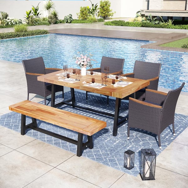PHI VILLA Black 6-Piece Metal Patio Acacia Wood Outdoor Dining Set with Rectangular Table, 4 Rattan Chairs and Long Bench