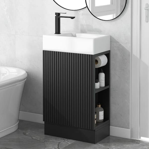 18.6 in. Single Sink Freestanding Black Bath Vanity with White Ceramic Top, Two-tier Shelf, Toilet Paper Holder