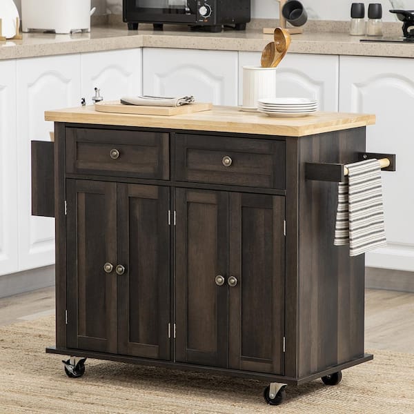 FAMYYT Rolling Brown Oak Rubberwood Top 44 in. Kitchen Island with Drawers and Adjustable Shelves