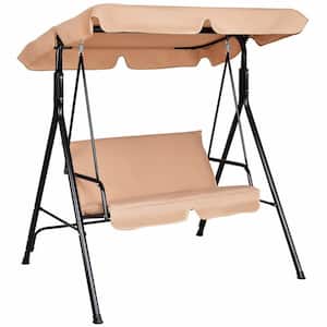 2-Person Beige Steel Canopy Patio Swing with Cushions