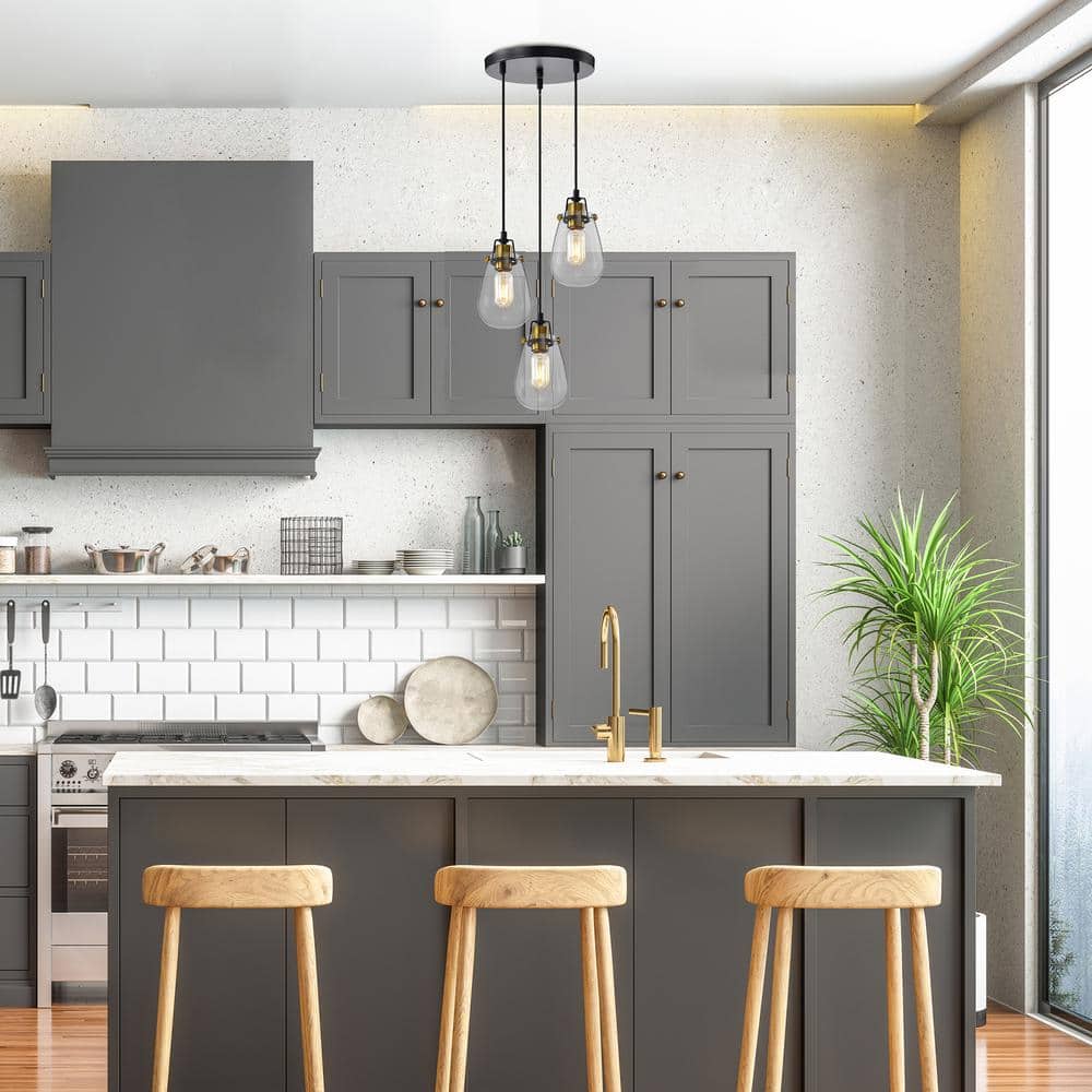 Modern Black and Gold 3-Light Pendant with Clear Glass Shades