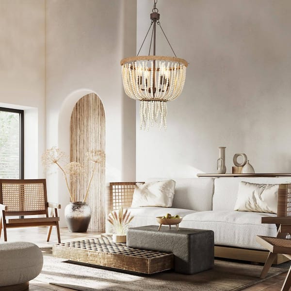 4-Light Rustic Bronze Drum Chandelier with Weathered White Wood Beads