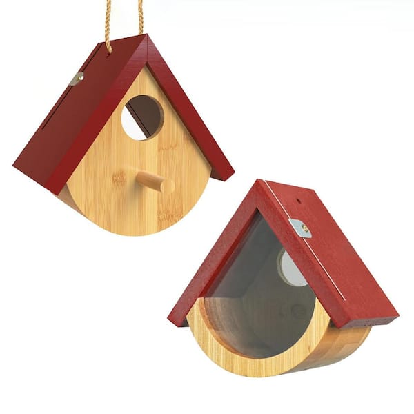 Justincity Wooden Acrylic Great Red Finish Hummingbird House Window View Wooden Bird Houses for Nesting with Hemp Ropes, (2-Pack)