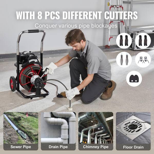 75ft X 1/2 Inch Drain Auger Machine – Auto Feed, 7.5" Wheels, 8 Cutters Included, RC-9001J-4.0