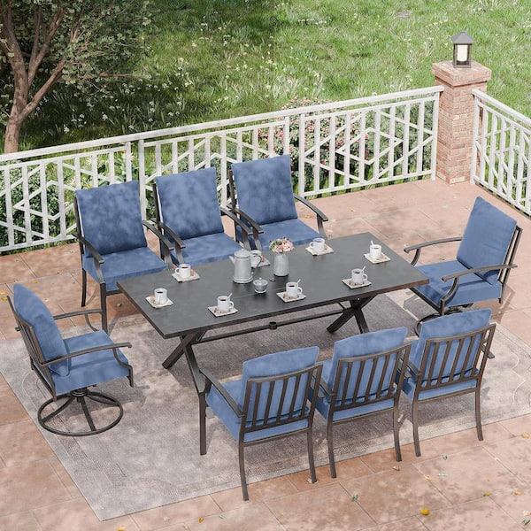 9-Piece Metal Patio Outdoor Dining Set with 2 Swivel Chairs, 6 Chairs, Large Table, Umbrella Hole and Navy Blue Cushions