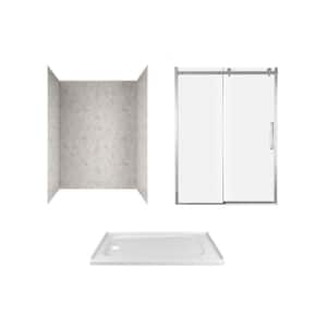 Passage 60 in. x 72 in. 3-Piece Glue-Up Alcove Shower Wall, Door and Base Kit with Left Drain in Platinum Marble