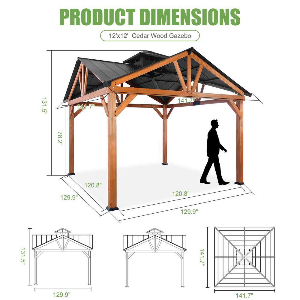 12' x 12' Cedar Wood Gazebo with Metal Roof