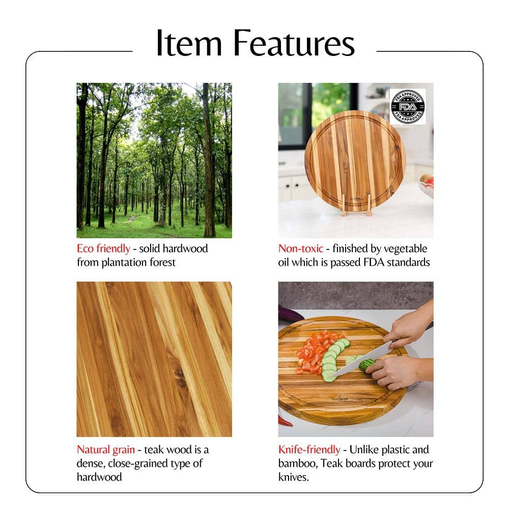 16" Round Teak Wood Reversible Cutting Board with Juice Groove
