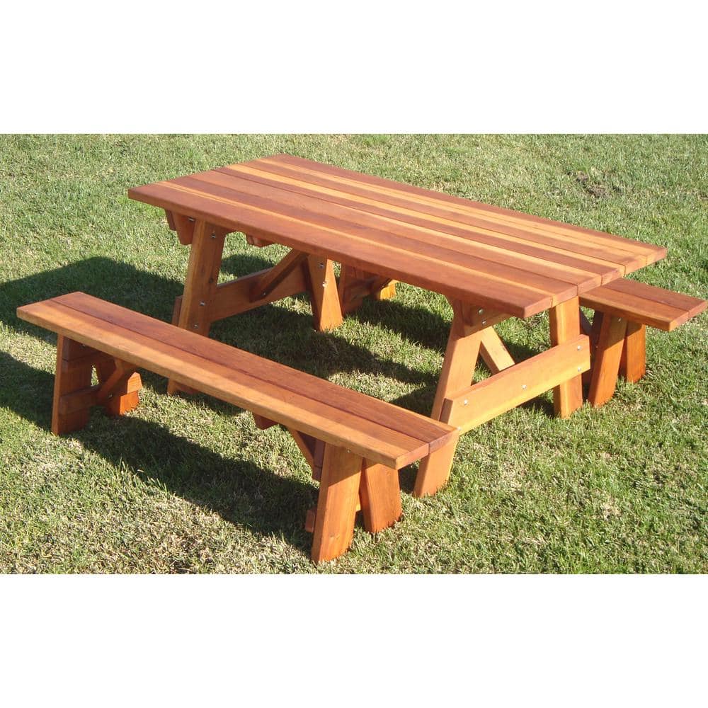72" Medium Brown Redwood Picnic Table with Detached Benches