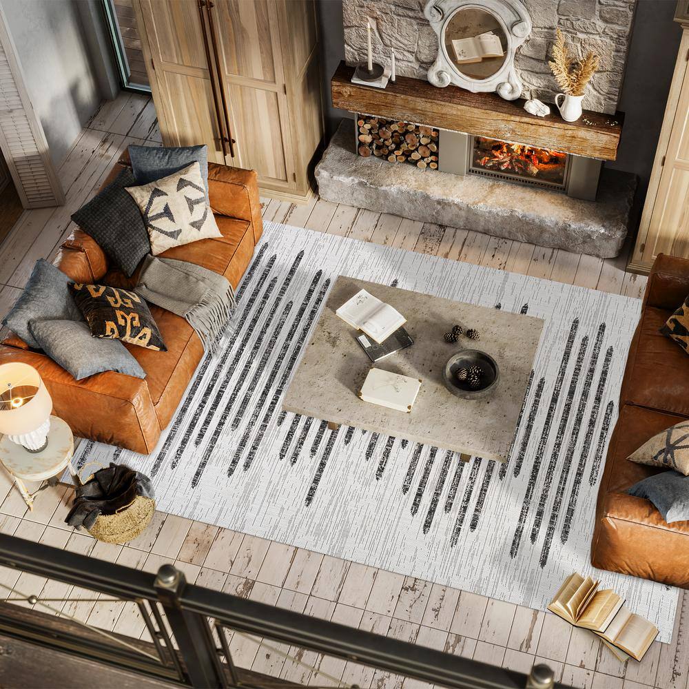 Ivory & Black Striped Synthetic 4' x 6' Easy-Care Area Rug