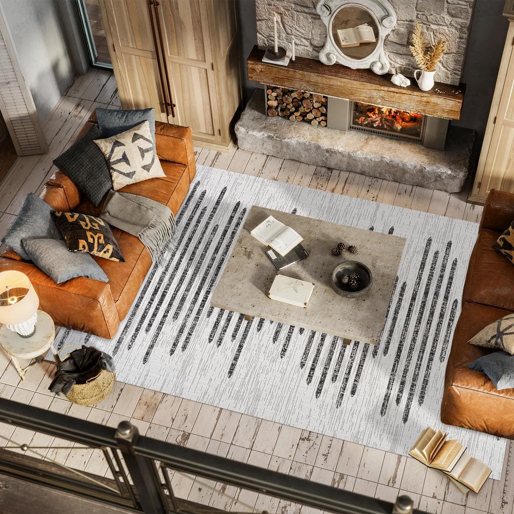 Ivory and Black Striped Synthetic 8' x 10' Reversible Rug