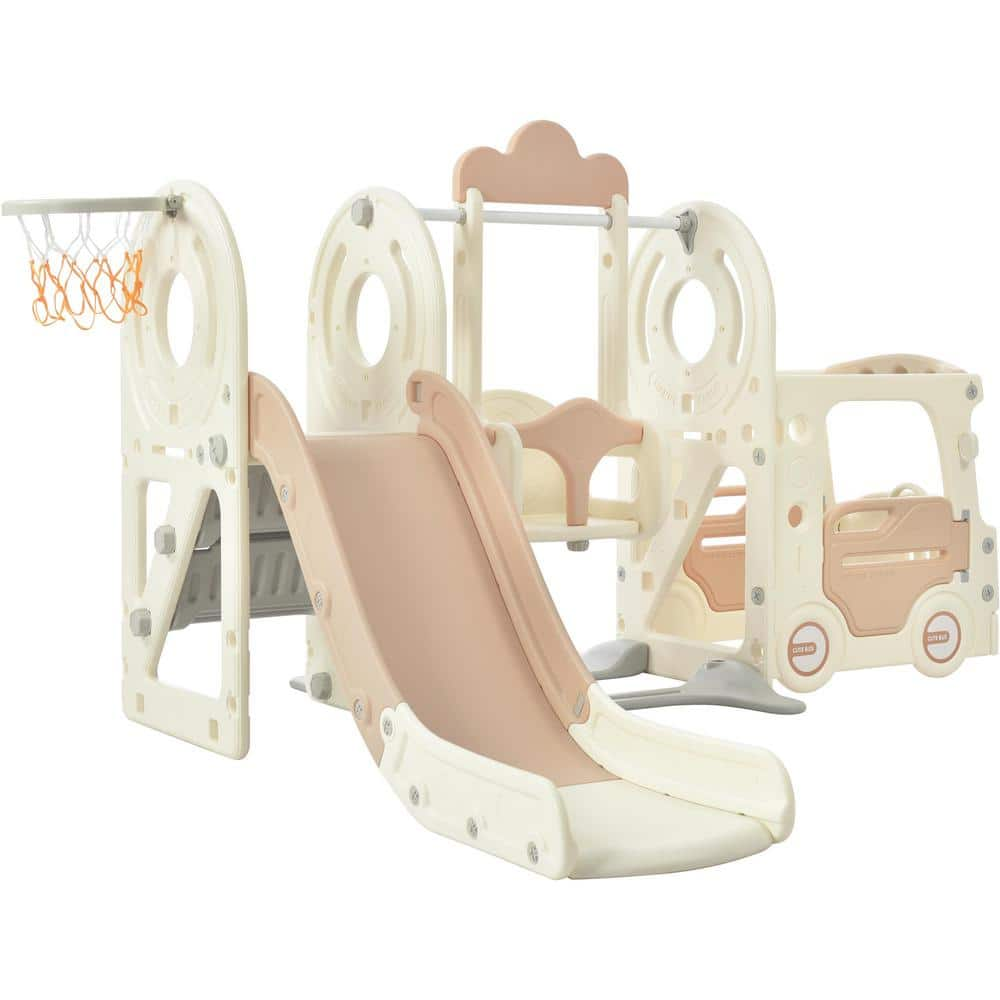 T-Adventurer Beige Indoor, Outdoor 5-in-1 Freestanding Playset Kids Slide with Bus-Shaped Play Structure and Swing -  TIRAMISUBEST, PPXY299290AAH