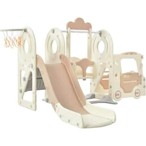 T-Adventurer Beige Indoor, Outdoor 5-in-1 Freestanding Playset Kids Slide with Bus-Shaped Play Structure and Swing